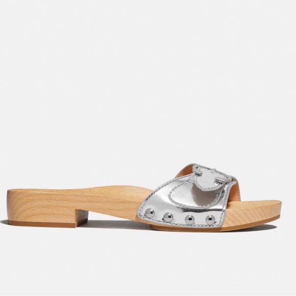 COACH BLEEKER SANDAL SILVER LEATHER WOODEN SANDALS NWOB - Picture 2 of 5